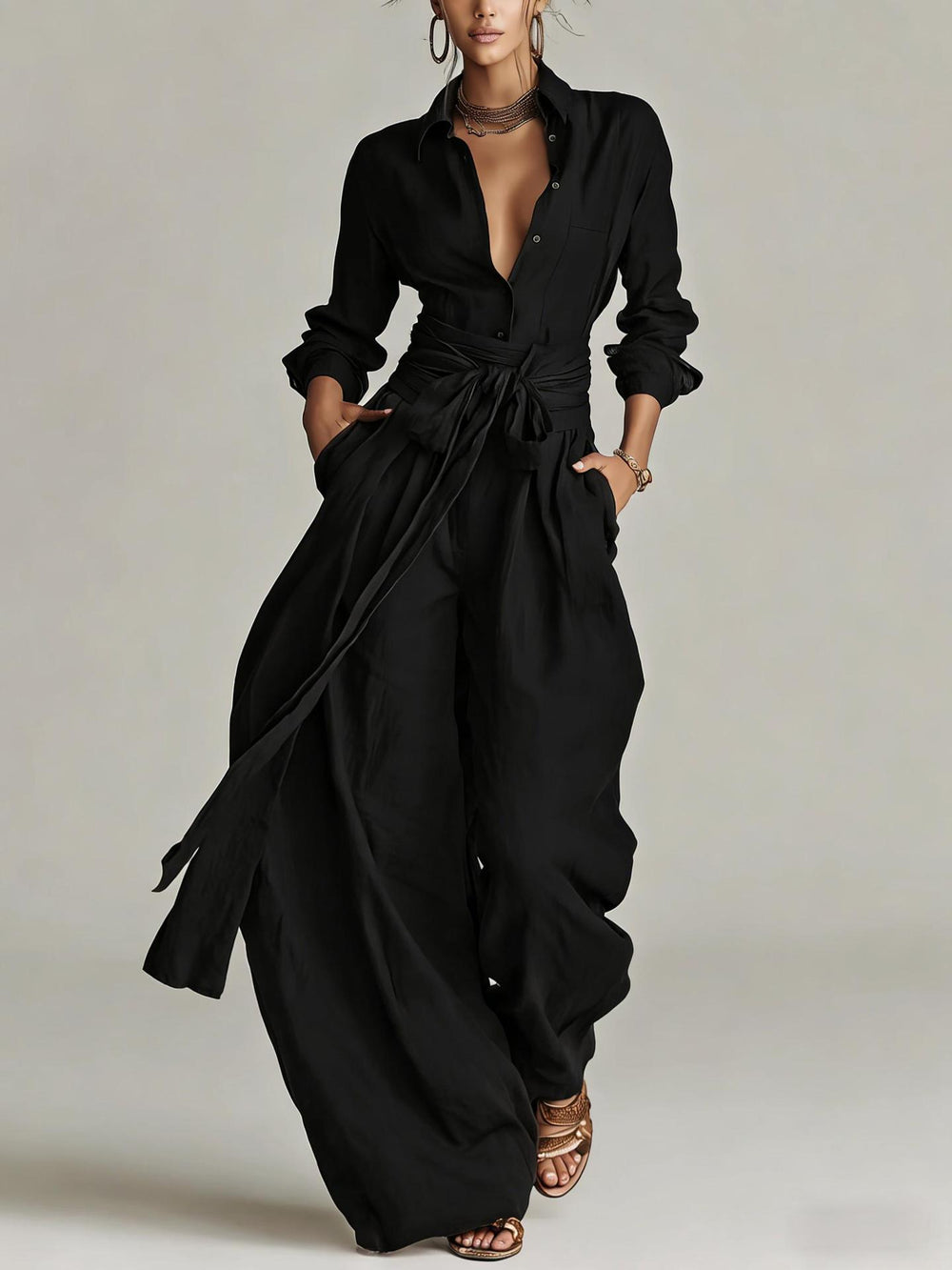 Linen-blend long-sleeve shirt and wide-leg pants outfit