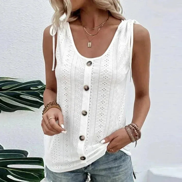 Casual summer U-neck Vest Women Shoulder With Bow Tie Summer blouse top - EX-STOCK CANADA