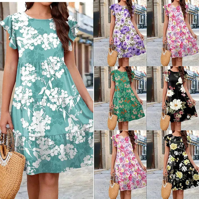 Ruffle Sleeve Dress Summer Loose Flower Print Beach Dresses Sweet Skirt Women - EX-STOCK CANADA