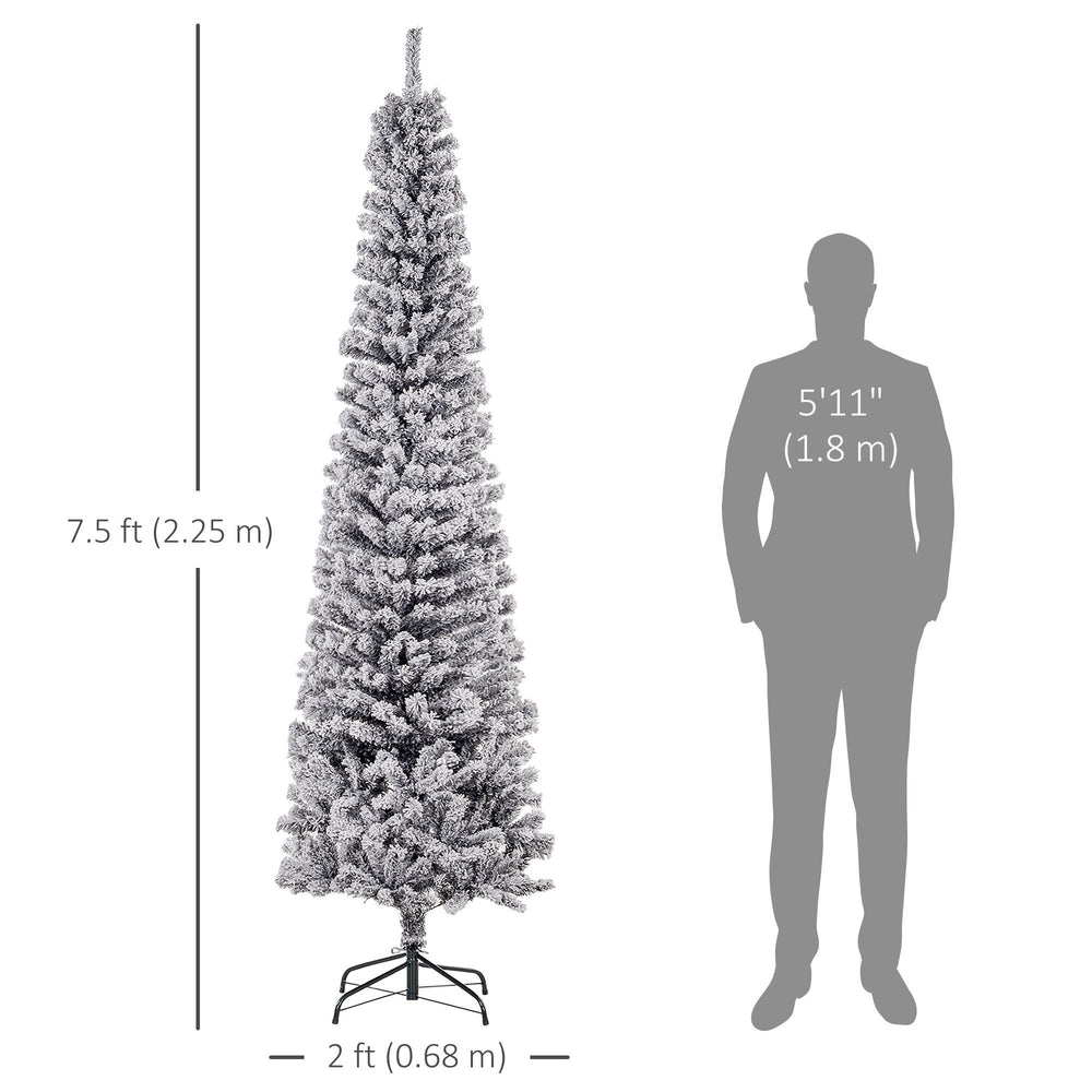 7.5ft Flocked Christmas Tree, Pencil Christmas Tree With Realistic Branch Tips, Folding Metal Stand, Black EX-STOCK Canada 
