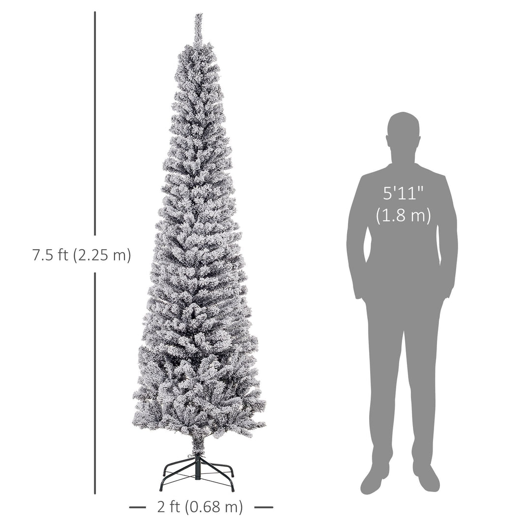 7.5ft Flocked Christmas Tree, Pencil Christmas Tree With Realistic Branch Tips, Folding Metal Stand, Black EX-STOCK Canada 