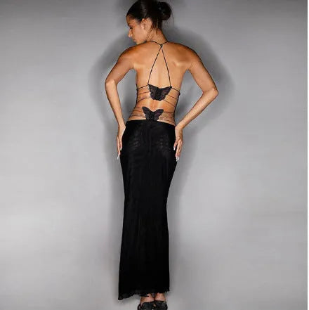 Halter neck Spaghetti Backless Butterfly Design Spring Summer long dress - EX-STOCK CANADA