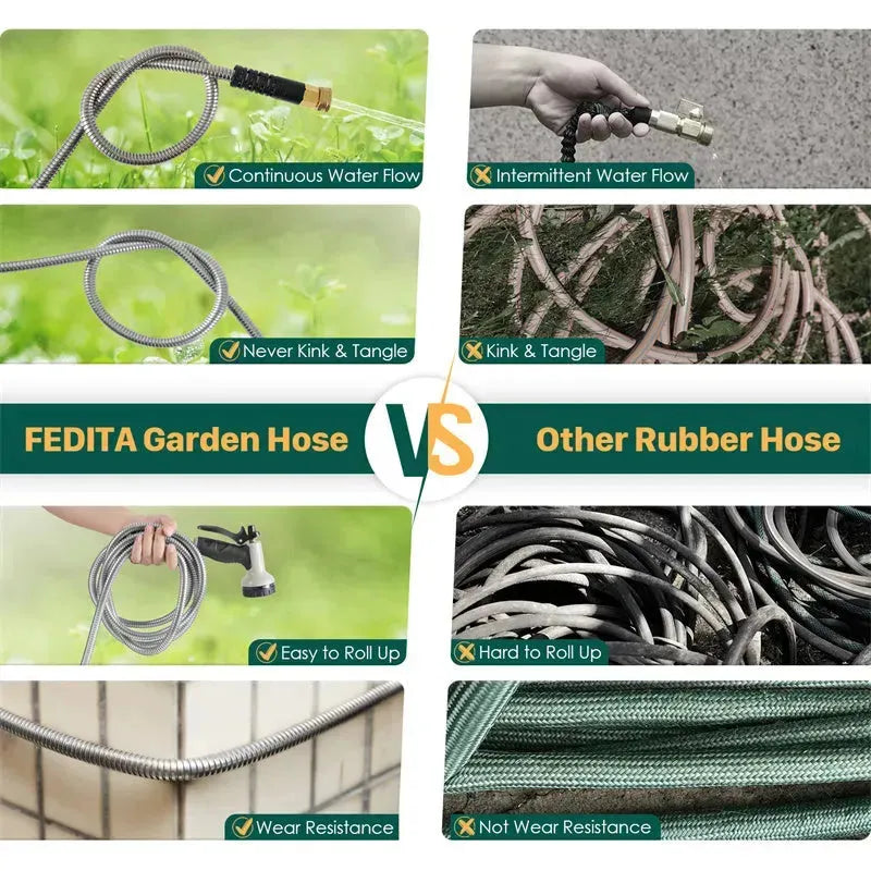 Metal Garden Hose, 100ft Stainless Steel Flexible Water Hose With 10 Adjustable Patterns Spray Nozzle, Heavy Duty Water Pipe , Kink Free , 2 Nozzles - EX-STOCK CANADA