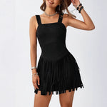 Women's Square Neck Summer Vacation Double-layer Sleeveless Mini Black Tassel Hem Dress EX-STOCK