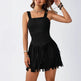 Women's Square Neck Summer Vacation Double-layer Sleeveless Mini Black Tassel Hem Dress EX-STOCK