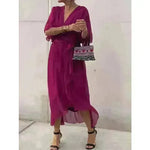 Batwing Sleeve V-neck Dress Summer Pure Color Tied Irregular Wrap Midi Dresses for Women - EX-STOCK CANADA