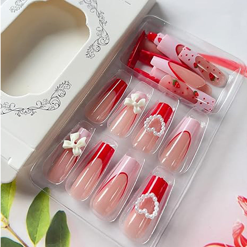 24 PCS Strawberry Bow Nail Art, Long Length Long Water Pipe Fake Nails,Square Head Nail Tips False Nail EX-STOCK Canada 