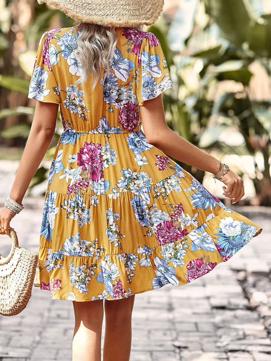 Women Casual floral summer dress  Printed V-neck short sleeve Mini Dress - EX-STOCK CANADA