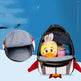 Children's backpack with cartoon duck design and interior details on a blue background