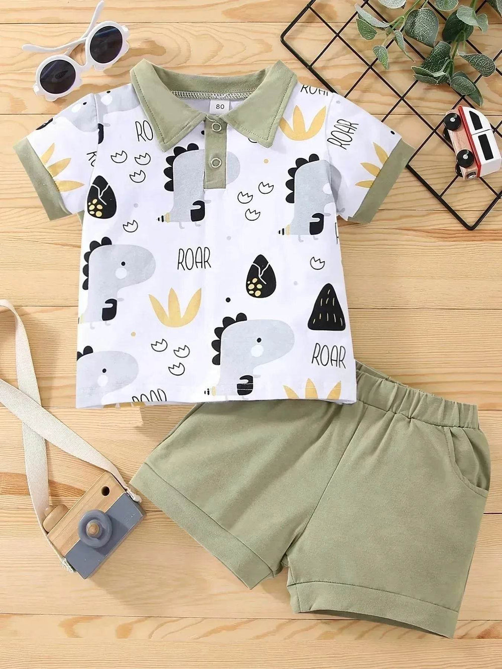 Boy's Little Dinosaur Lapel Cotton Short Sleeve Top Short Pants Suit Two piece for boys. - EX-STOCK Canada