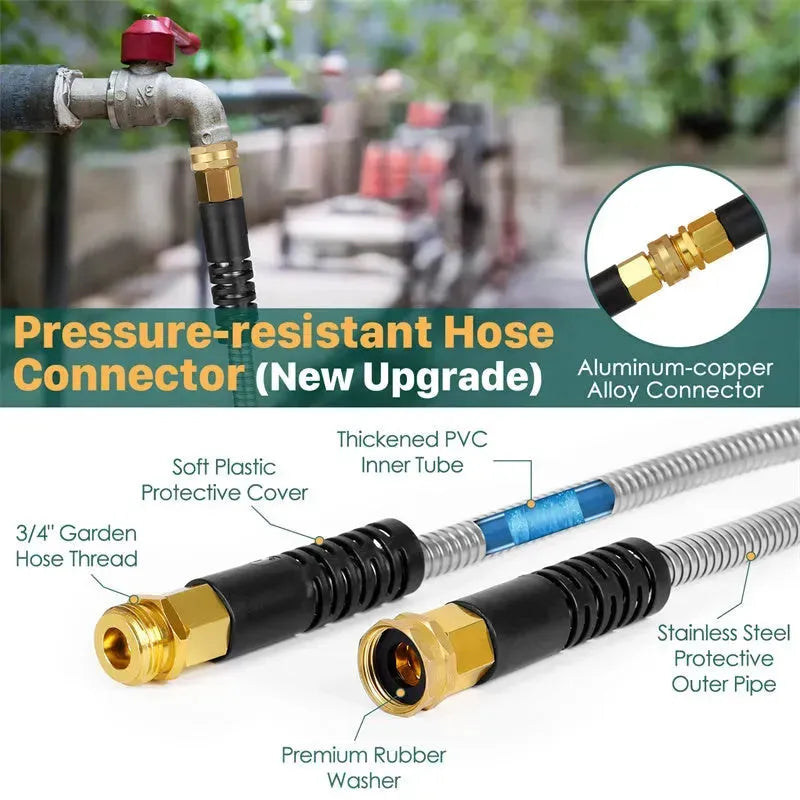 Metal Garden Hose, 100ft Stainless Steel Flexible Water Hose With 10 Adjustable Patterns Spray Nozzle, Heavy Duty Water Pipe , Kink Free , 2 Nozzles - EX-STOCK CANADA