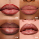 Four different shades of lipstick on a person's lips with color codes below.
