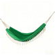 A green fabric hammock with cream-colored rope suspension cords and matching tassels, shown against a plain white background.