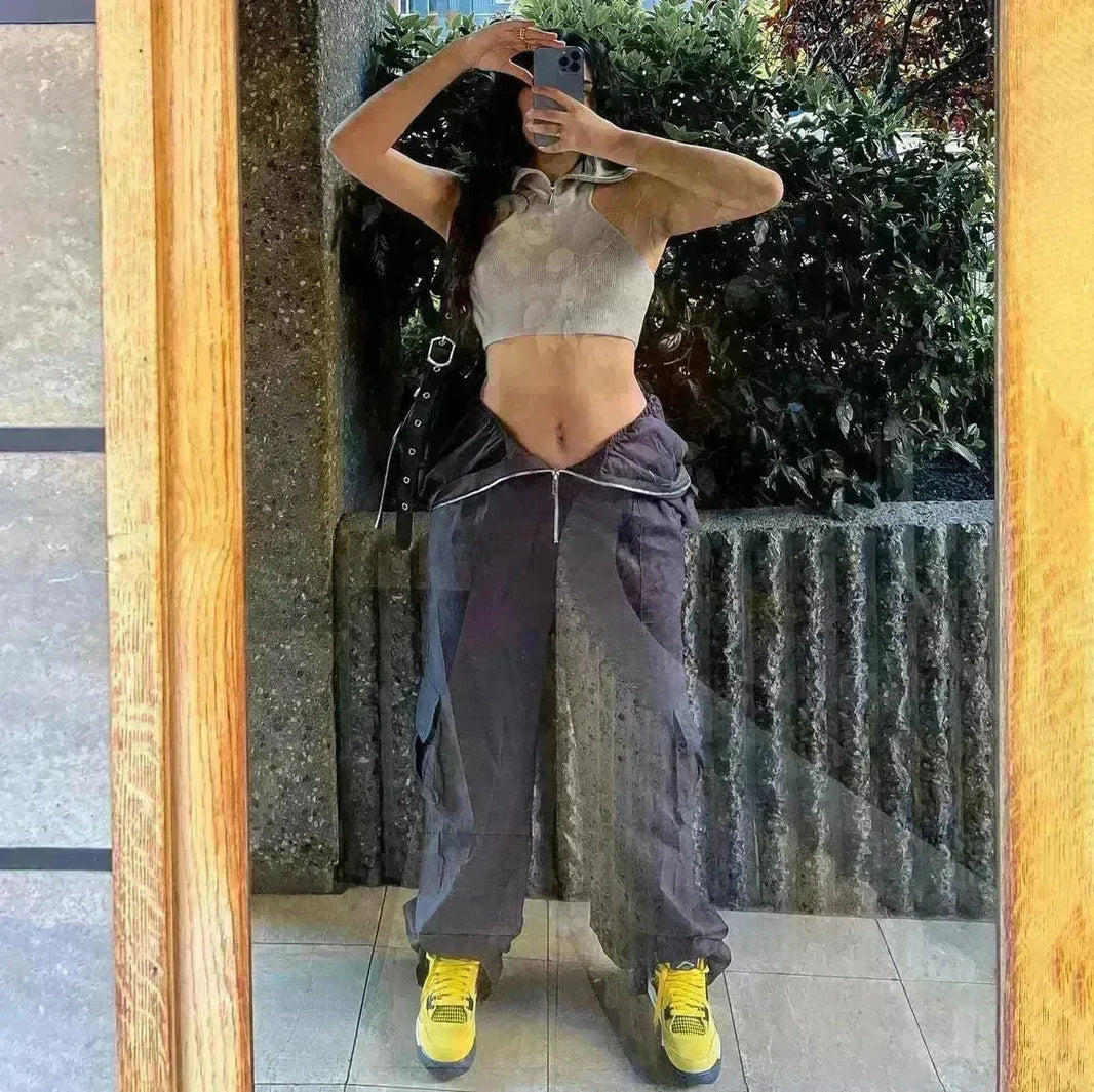 Solid Color High-waisted Zipper V Loose Straight Pocket Street fashion Cargo Pants Women - EX-STOCK CANADA