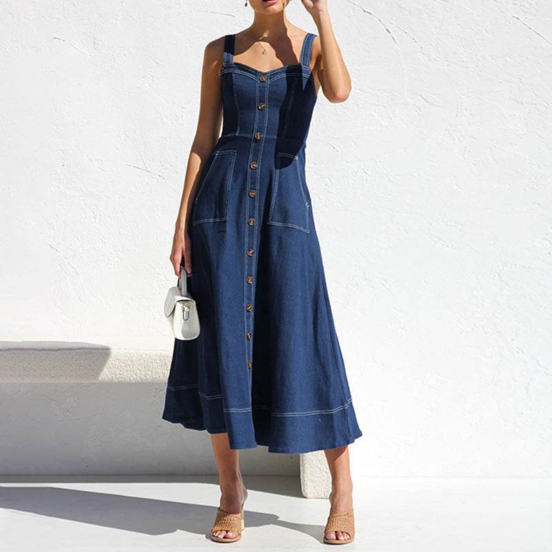 Women Sleeveless Sling Distressed Casual Style Button Denim Long Dress - EX-STOCK Canada