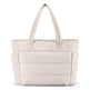 Beige tote bag with multiple pockets on a white background