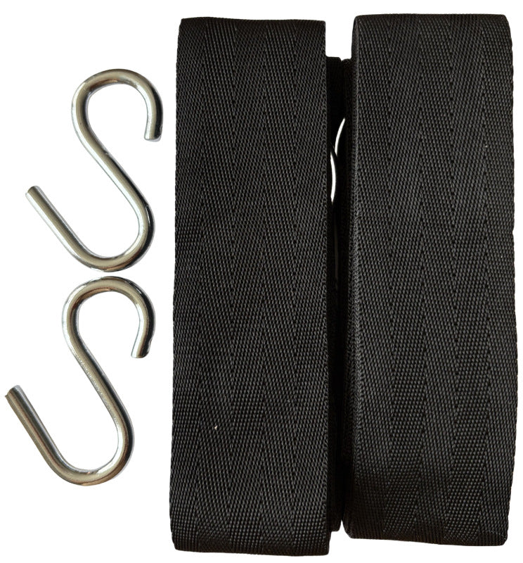 Two black woven webbing straps with silver metal S-hooks, shown on a plain white background.