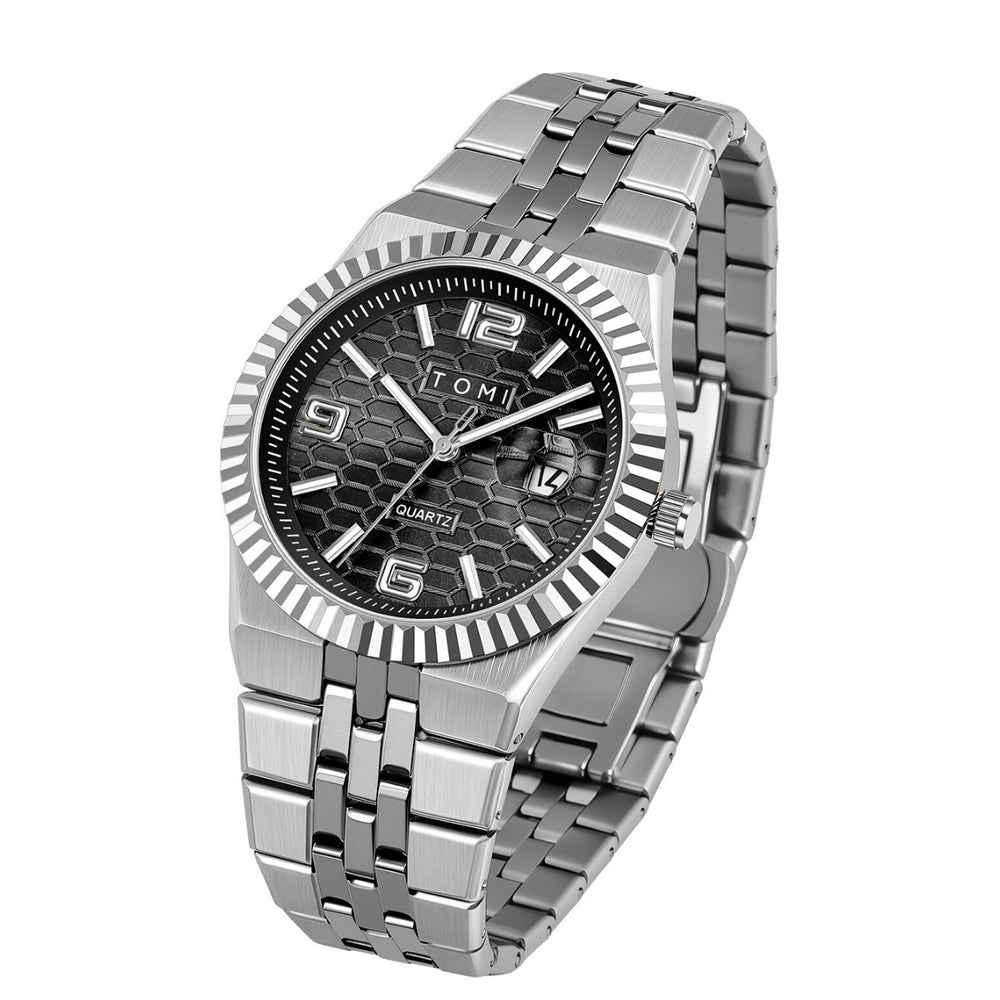 Silver watch with a black face on a white background