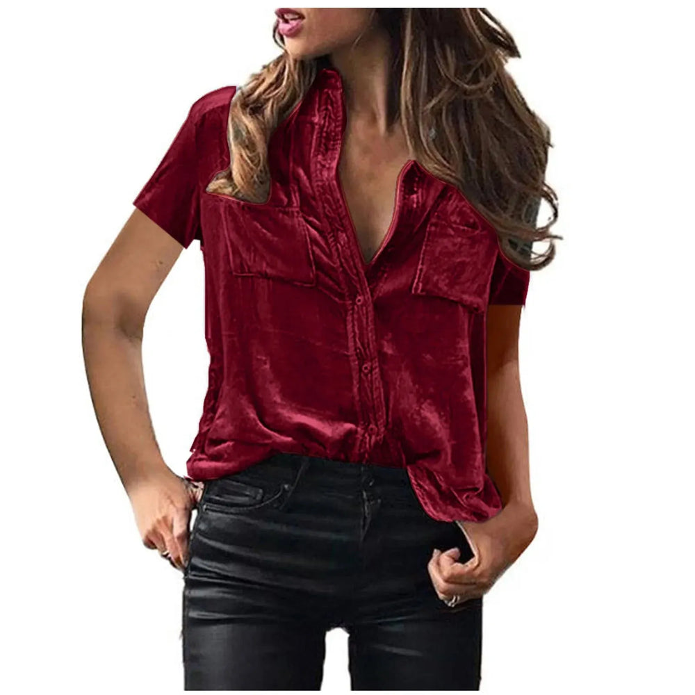 European And American Spring And Summer Pocket Short Sleeve Suede Shirt For Women - EX-STOCK CANADA