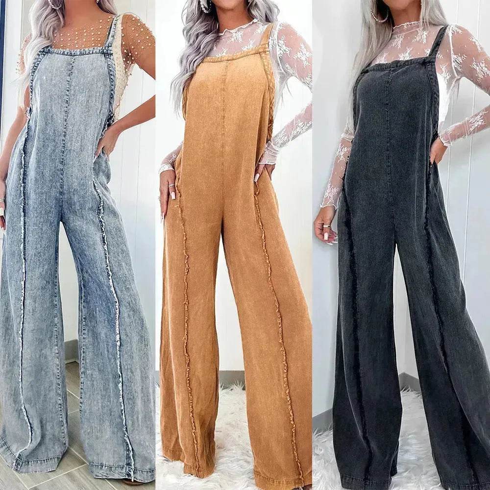 Retro Washed Raw Edge Denim Wide-leg Suspender Denim Jumpsuit Baggy Denim Jeans Jumper - EX-STOCK Canada