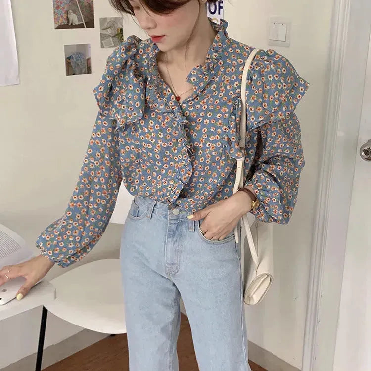 French Retro Floral Blouse Women Wood Ear blouse Women - EX-STOCK CANADA