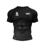 Black athletic shirt with graphic design and 'Cody' branding on a white background