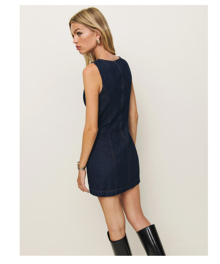 Robe en jean sans manches à col rond, coupe slim, mode française 