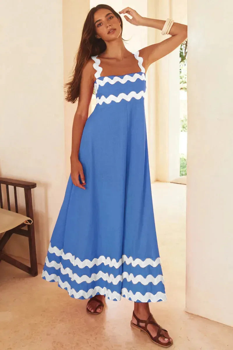 Flowers Print Wavy Pattern Suspender Long Dress For Women Fashion A-Line Beach Dresses Womens Clothing - EX-STOCK CANADA