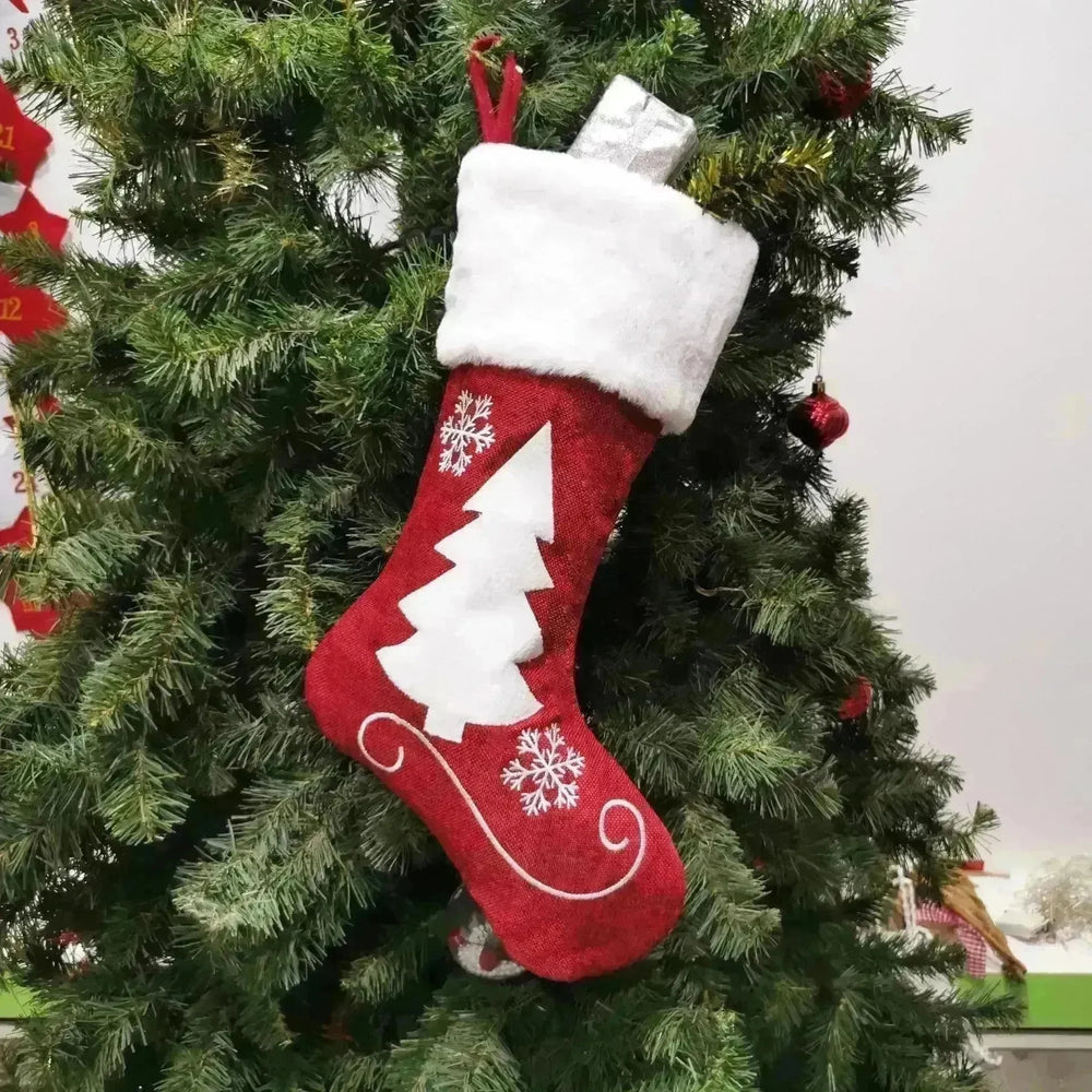 Christmas Stockings Gift Bag Red Hemp Elk Embroidery Christmas Stockings Gift Pendant - EX-STOCK CANADA