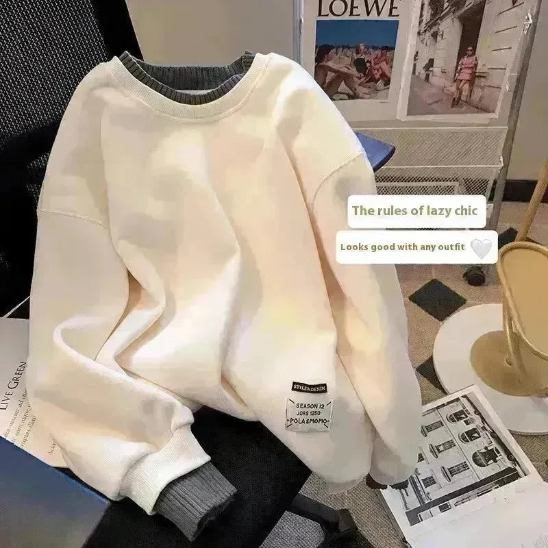 Women Round-neck With Fleece Lining Thick Fake Two Pieces Long Sleeve Loose Hoodie Sweatshirt - EX-STOCK CANADA