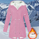 Pink winter coat with white fur lining on a snowy mountain background