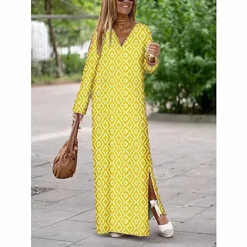 Summer Geometric Printed V-neck Long Dress Fashion Long Sleeve Slit Dresses For Women - EX-STOCK CANADA