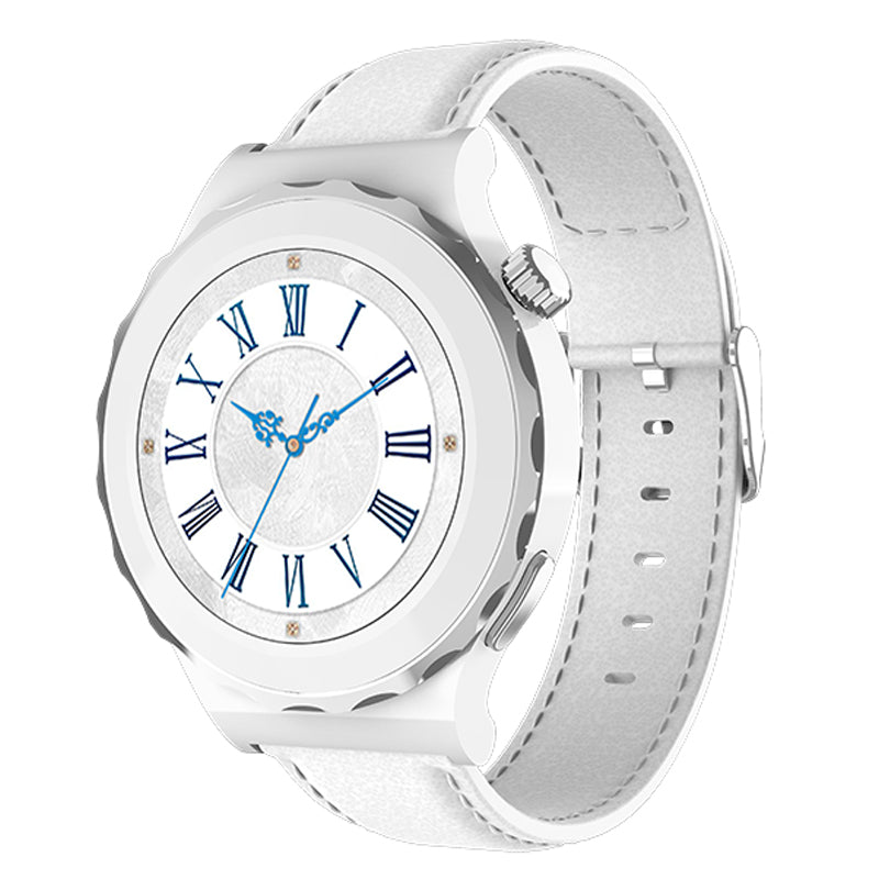White wristwatch with blue hour markers on a white background