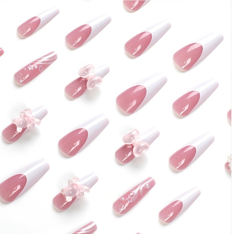24 PCS Bear Bowbowknot Nail Art, Long Length Long Water Pipe Fake Nails,Square Head Nail Tips False Nail EX-STOCK Canada 