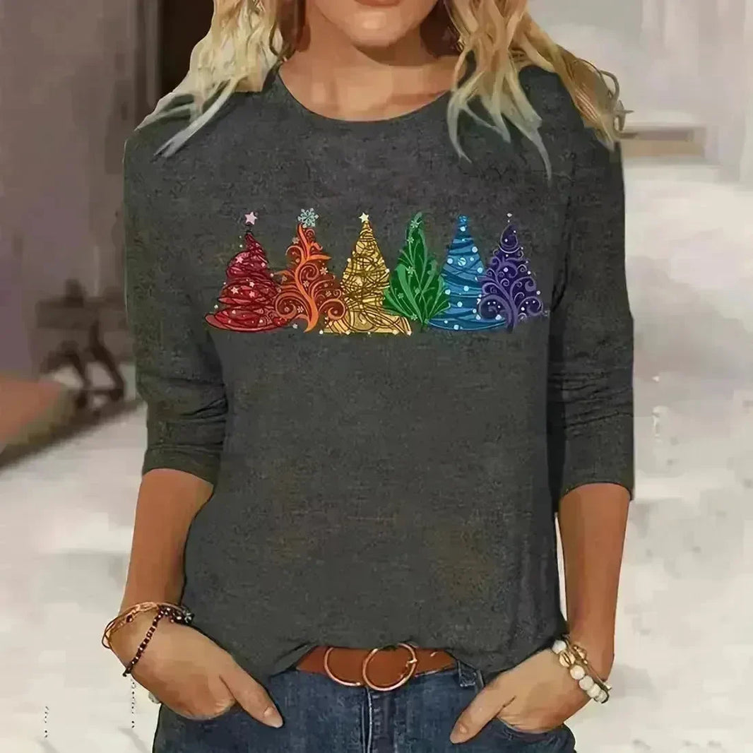 Women's Long-sleeved T-shirt Christmas Tree Printed Round Neck Loose Casual - EX-STOCK CANADA