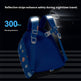 Blue backpack with reflective strips on a dark background