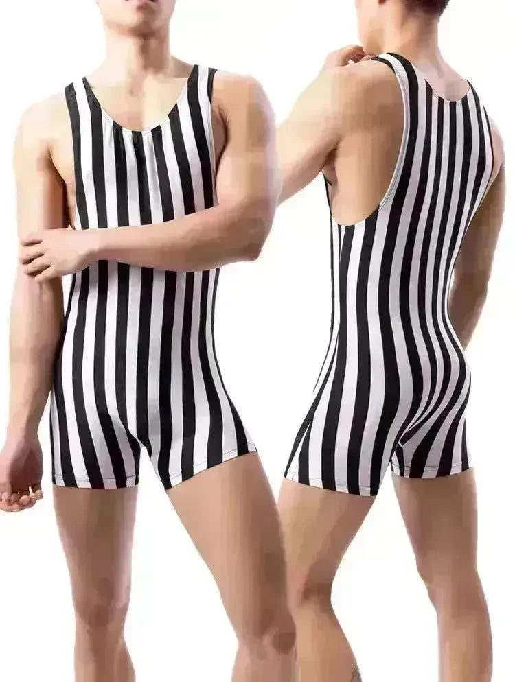 New Vertical Striped Pajamas Sports Swimming Brief Bodysuit for men - EX-STOCK CANADA
