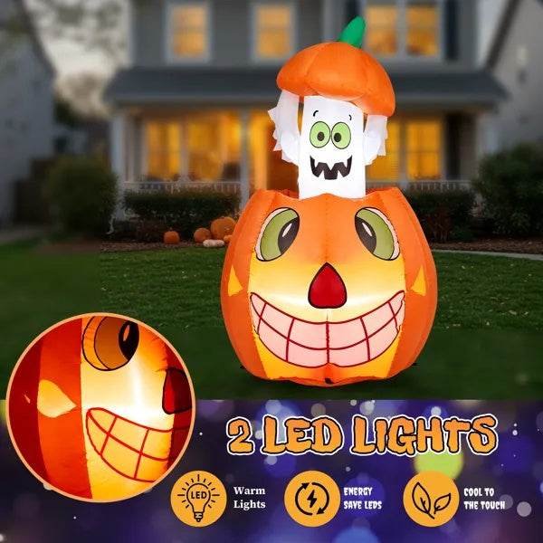 2.8 FT Halloween Inflatables Animated Pumpkin Ghost, Outdoor Decorations Blow Up Yard Decor With Built-in LEDs For Indoor Party Garden Lawn Decor - EX-STOCK Canada