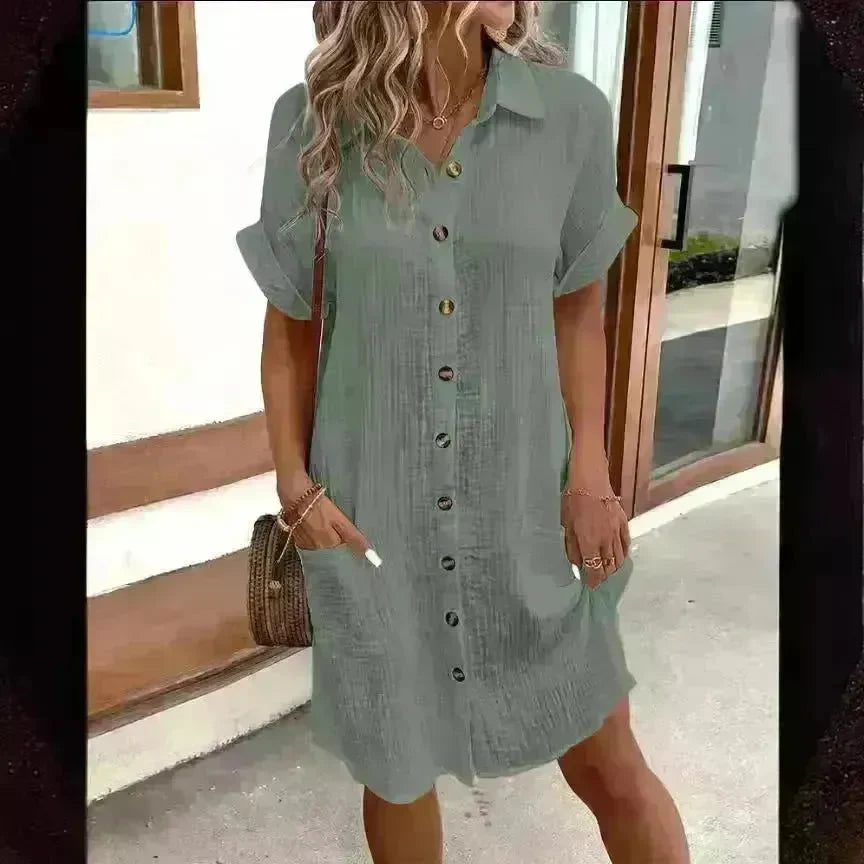Womens Button Down Shirt Dress Summer Cotton Linen Dress V-Neck Mini Dress Casual Short Sleeve Loose Tunic Dresses - EX-STOCK CANADA