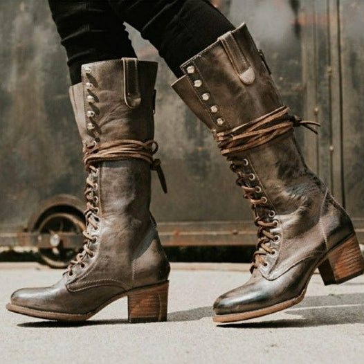 Women's Knee-High Lace-Up Boots | Chunky Block Heel, Side Zip, Sizes 34–43