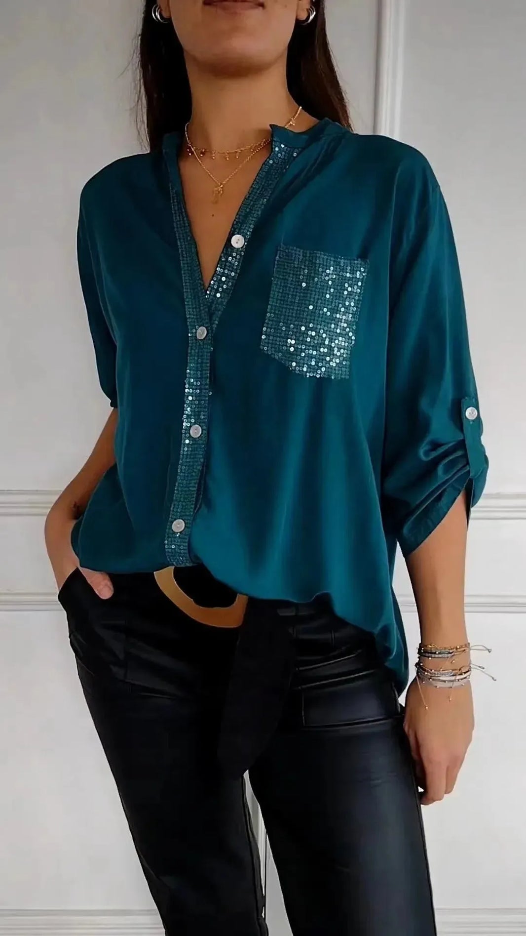 Casual Button-down Long Sleeve Shirt With Sequin Pocket Design Fashion Commuter Top Women Clothing - EX-STOCK CANADA