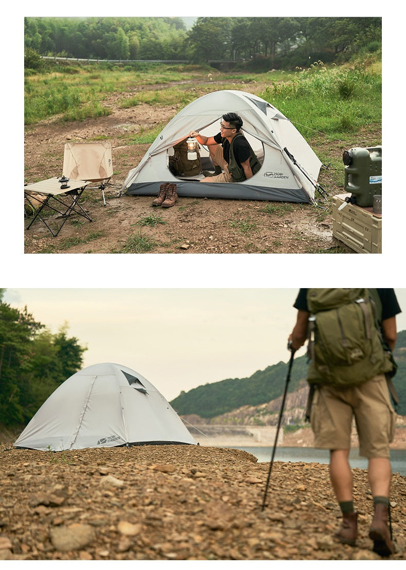A two-panel lifestyle image showcasing a light gray dome camping tent. The top panel shows a man sitting inside the tent at a grassy campsite, while the bottom panel shows a hiker with a backpack and trekking poles standing on a rocky shore nearby.