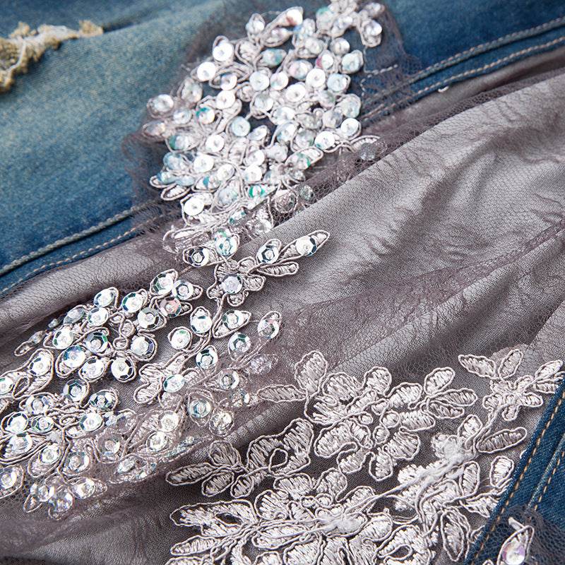 Embroidered Lace Denim Midi Jumper Dress European and American Style - EX-STOCK Canada