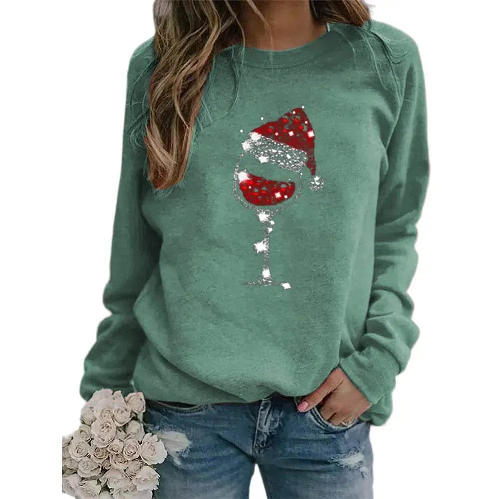 Clothing Christmas Women's Sweater Christmas Hat Red Wine Glass Graphic Print Crew Neck Long-sleeved Sweater - EX-STOCK Canada