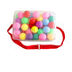 Clear container with colorful balls and a red strap on a white background