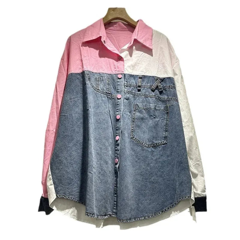High-grade Contrast Color Patchwork Cotton Denim Long Sleeve Loose Shirt Women - EX-STOCK CANADA