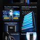 A promotional infographic for a portable power bank with multiple panels showing features: high power output, dual port 130W simultaneous output, 25000mAh large capacity, intelligent digital display, free data cable, and boardability. The product itself is shown in black with blue accents in several panels, on a dark blue and black background with text callouts.