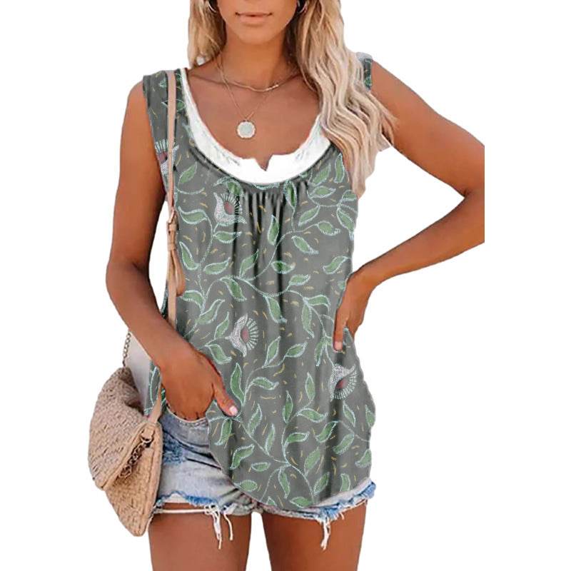 Casual Spring And Summer Tops Printed Sleeveless Pleating Vest T-shirt For Women - EX-STOCK Canada