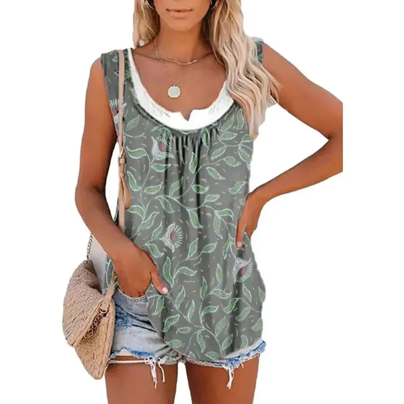 Casual Spring And Summer Tops Printed Sleeveless Pleating Vest T-shirt For Women - EX-STOCK CANADA