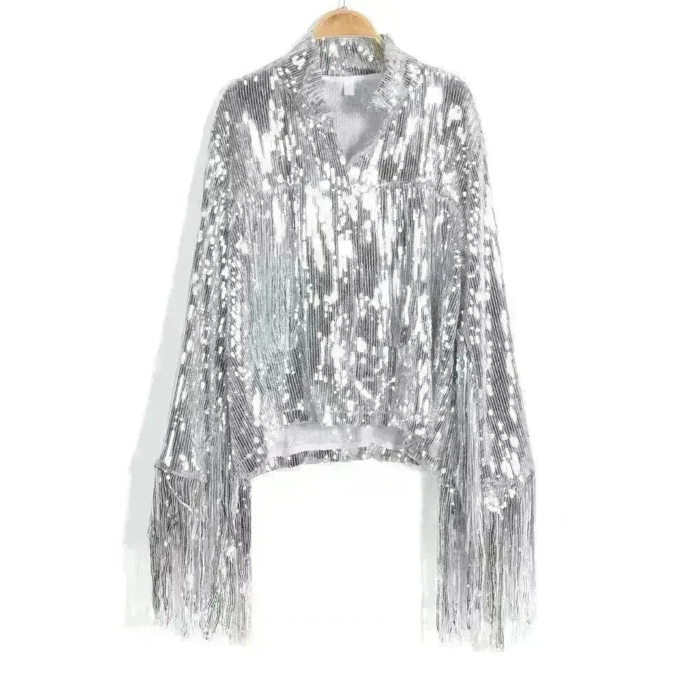 Women Fashion Long sleeve Tassel Sequin top jacket Y2K cropped jacket - EX-STOCK CANADA